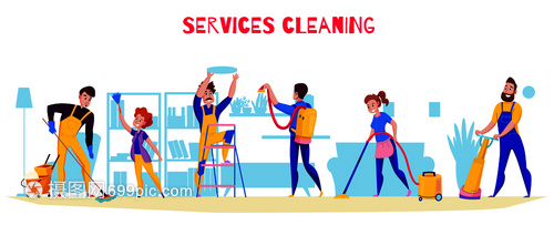 清洁服务专业职责提供平水平成与地板清洗抛光吸尘架除尘矢量插图